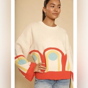 Miss Sparkling Oversized RETRO Women's Cream Rainbow-Pattern Crewneck Sweater